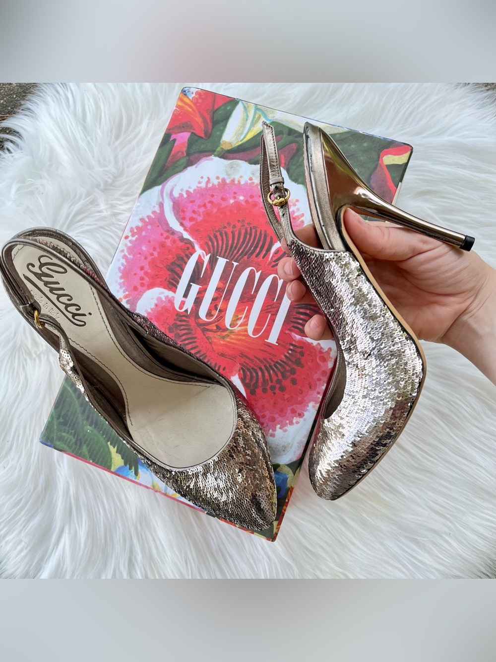 GUCCI Champagne Gold Silver Slingback Sequins Heels sz. 38.5